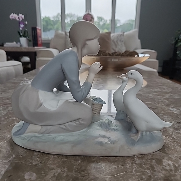 Lladro, Girl Feeding Ducks Satin Figurine